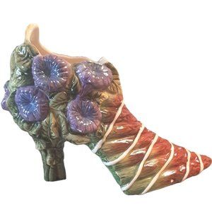 Majolica Ceramic Shoe Planter Morning Glories Asparagus AS IS READ